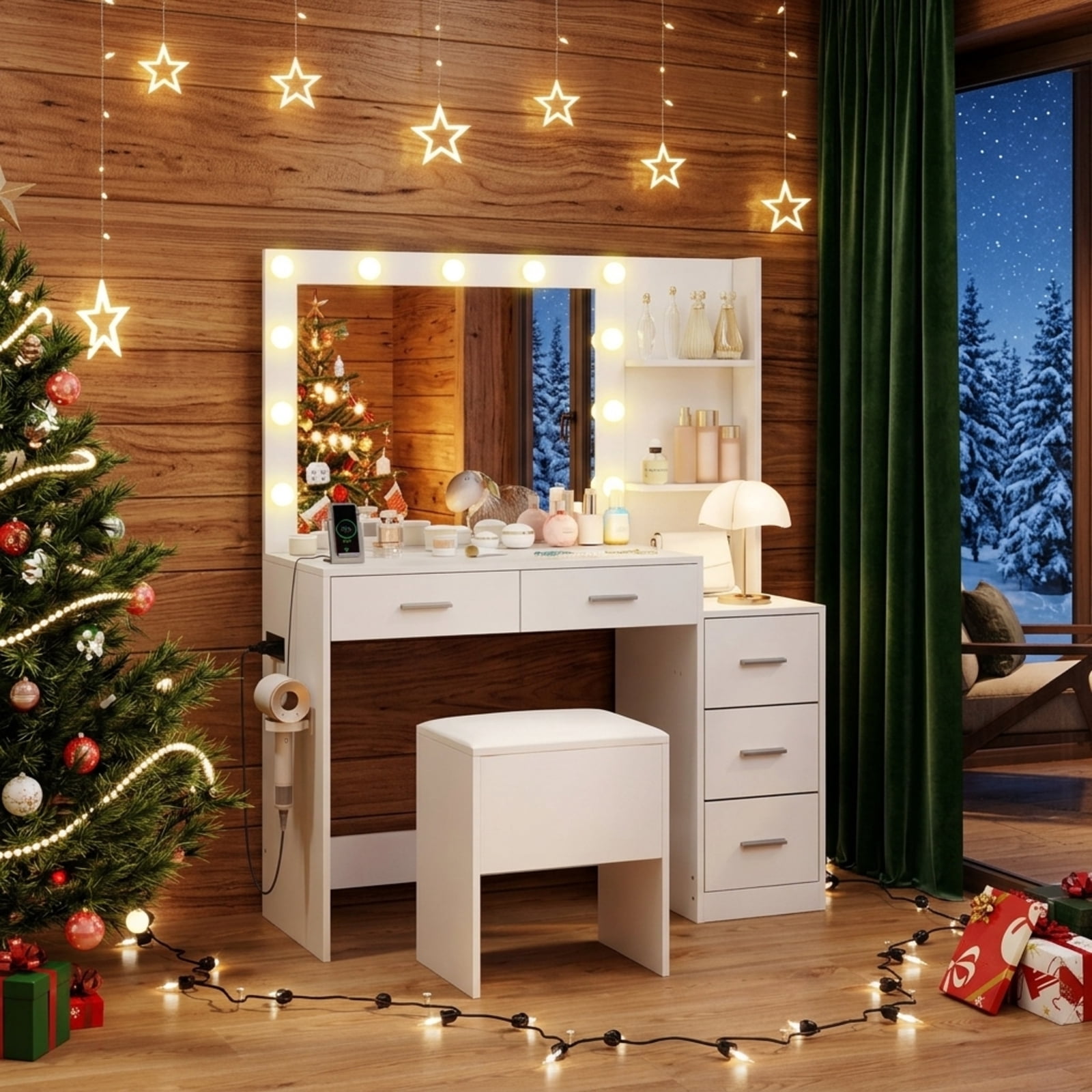 Furnibear Makeup Table and Stool Set with Hair Dryer Stand for Bedroom Makeup Dressing Room Vanity Desk Mirror Set, White