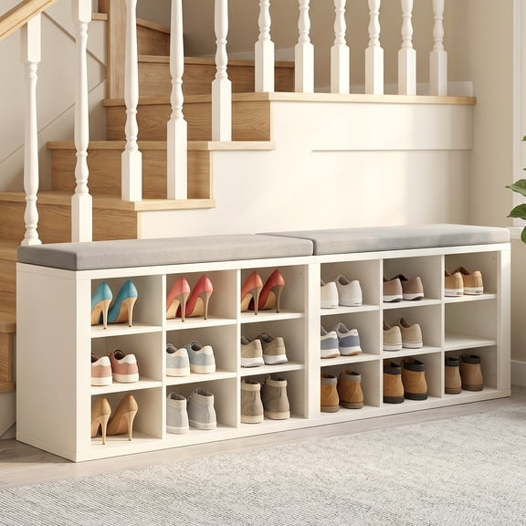 Shoe Storage Bench Minimalist Wood Strong Load Bearing Entryway Bench with Cushion 18 Compartments for Hallway Living Room Bedroom