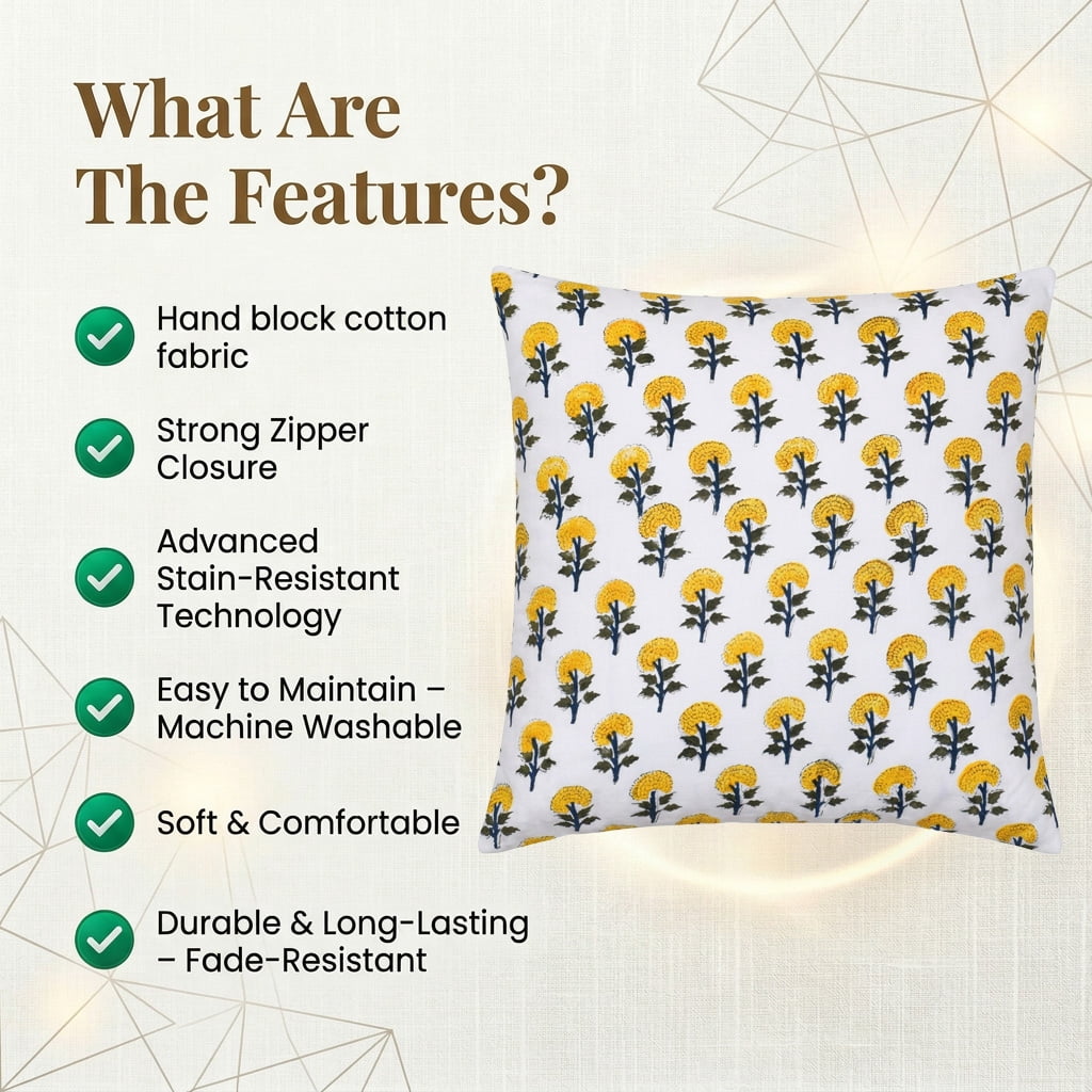 SHOPCREW Hand Block Printed Cotton Cushion Covers with Zipper Closure, Decorative Throw Pillow Covers for Sofa Couch Bed, 18x18 Inches, Pack of 2 - Golden Marigold Muse