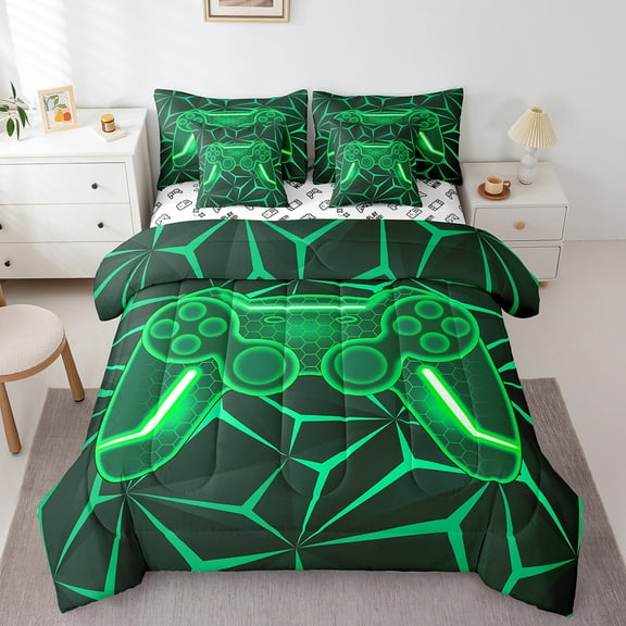 Erosebridal Gaming Bedding Sets Twin Size, Neon Gampad Comforter Sets with Sheets, Geometric Stripe Decor, Reversible 7pcs