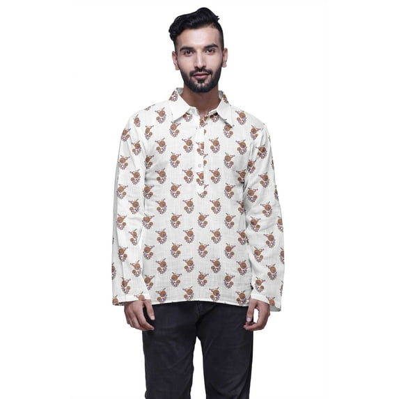 Atasi Cotton Flex Indian Mens Shirt Printed Spread Collar Short Kurta For Boys
