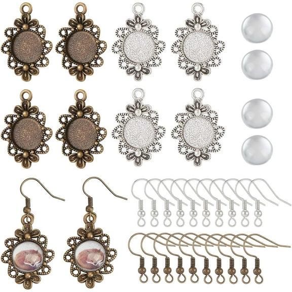 1 Box 120Pcs DIY 20 Pairs Cabochon Earring Blanks Vintage Bronze Silver Earrings Making Kit 12mm Glass Cabochon Earring Bezel Trays Setting Earring Hooks for DIY