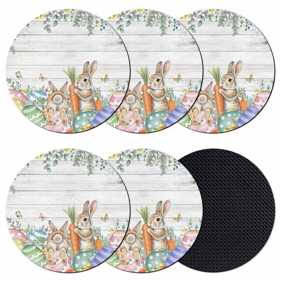 Spring Easter Coasters Set of 6, Absorbent Coasters for Drinks, Bunny Eggs Floral Leaves Farm Wooden Grain Coaster for Desk Coffee Table Protection, Home Decor House Warming Gifts 4"