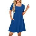 thumbnail image 2 of LOVZFMLL Women's Casual Dresses Summer Puff Short Sleeve Square Neck T-Shirt Dresses Cute Vacation Solid A-Line Mini Dresses Blue S, 2 of 7