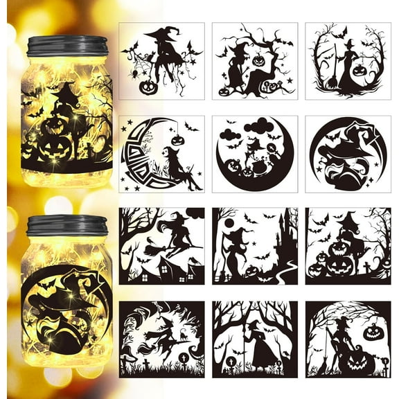 1Set Halloween Witches Silhouette Cutouts for Jars Mason Can Glass Wishing Bottle Decor(No Stickers) 12Pcs Reusable Silhouette for Lantern DIY Craft Kit Jar Decals Art Mural Home Garden Decor