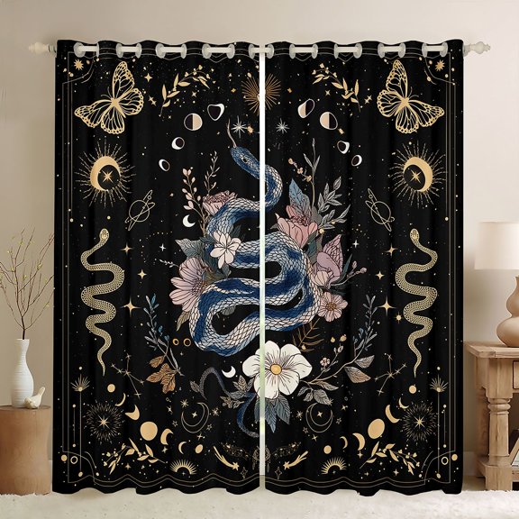 jejeloiu Boho Snake Black Out Curtains,Bohemian Exotic Style Curtains Pack of 2 (42x63 Each),Retro Rustic Floral Bedroom Curtains For Teens,Super Cozy Room Decor