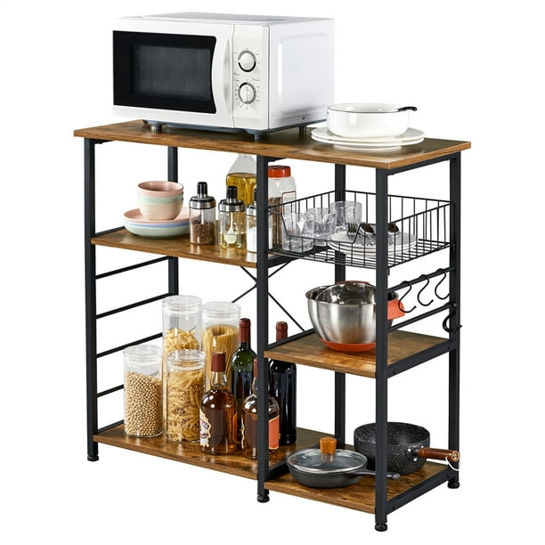 Easyfashion Industrial Multifunctional Bakers Rack with Basket and 6 Hooks, Rustic Brown/Black ...