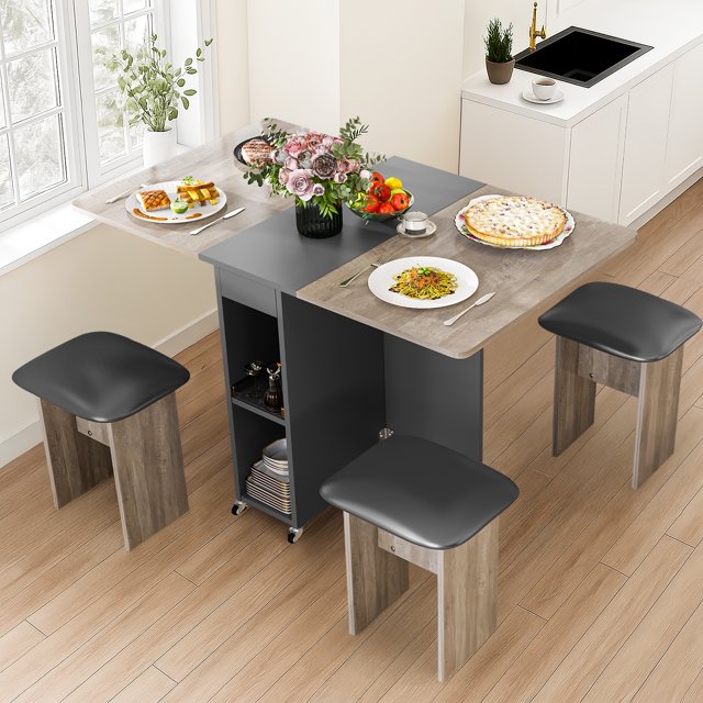 Stmoze Ensemble de Table à Manger Extensible pour 4, Ensemble de Table de Cuisine en Bois avec Roues, Table à Manger Pliante à 2 Niveaux avec 2 Chaises, Ensemble de Salle à Manger pour Maison, Appartement, Bureau, Gris