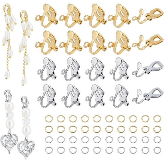 60Pcs 2 Colors Stainless Steel Clip-on Earring Findings with 80Pcs Open Jump Rings Flat Round Blank Tray Earrings Non-Pierced Earrings Converters for Earring Jewelry Making