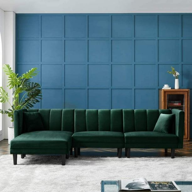 Black Friday Deals Reversible Sectional Sofa Couch Bed Velvet Sleeper With 2 Pillows For Living Room Fabric Convertible Futon Chaise L Shaped Small Space Dark Green Com Fabric Convertible Futon Sofa Bed, Sleeper Sofa Sectional Black Friday