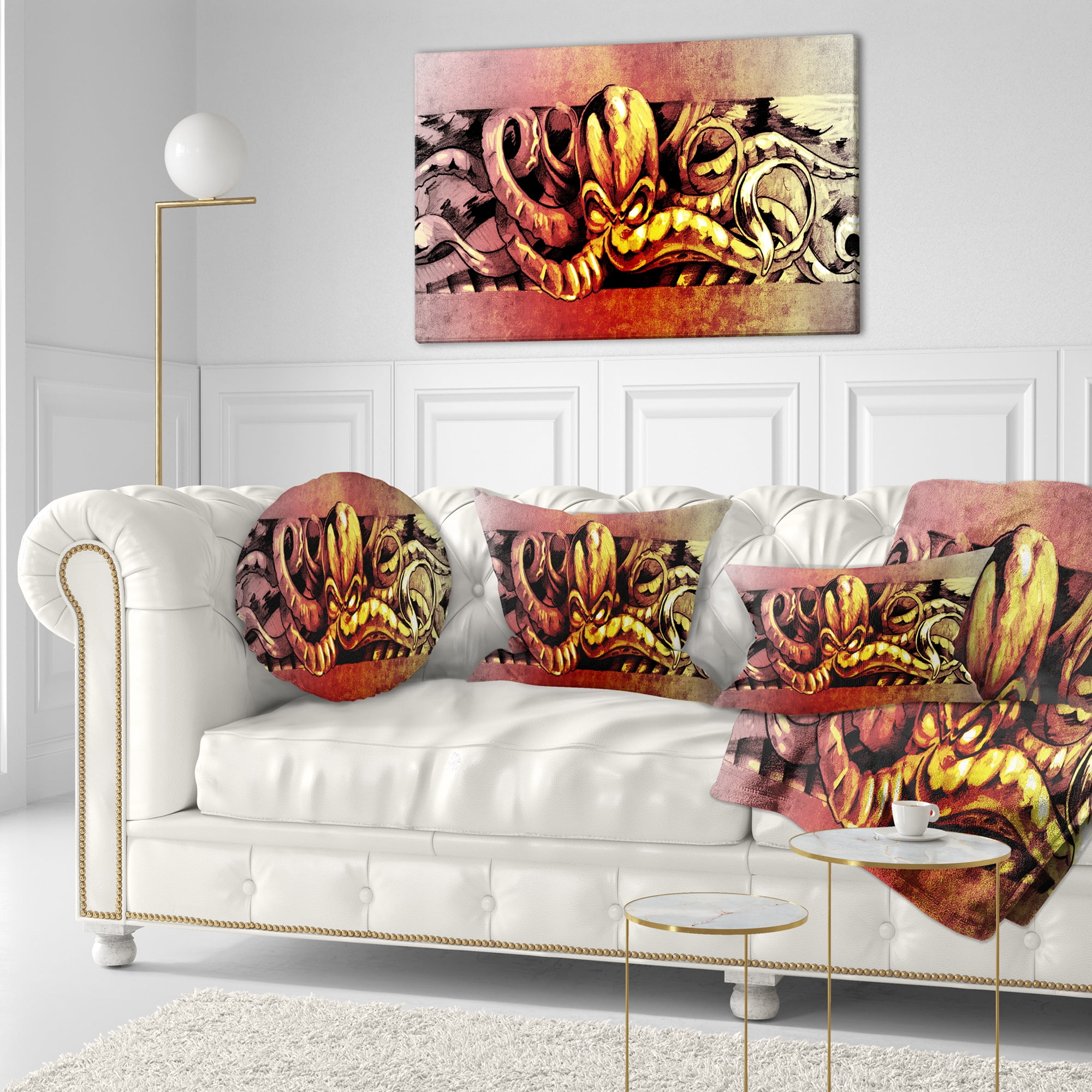 Designart Octopus Sketch in Yellow Shade - Animal Throw Pillow - 12x20