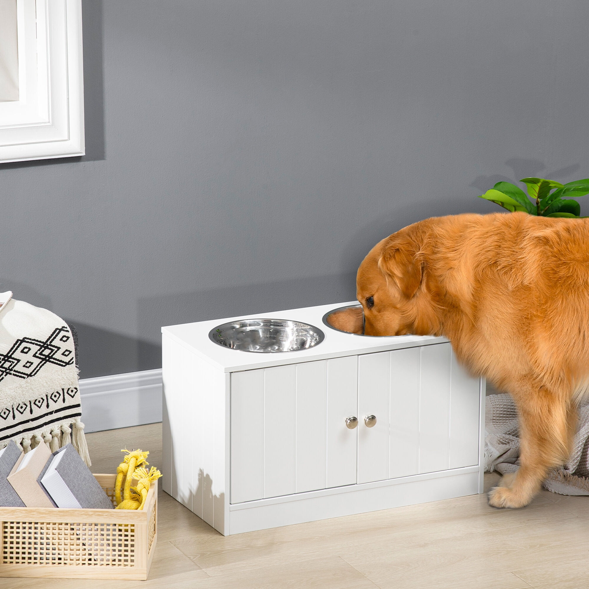 Orthopedic Dog Bed, PawHut Large Elevated Dog Bowls with Storage Cabinet Containing Large 44L Capacity, Raised Dog Bowl Stand Pet Food Bowl Dog Feeding Station, White, White Dog Bed,Steel Cat Bed