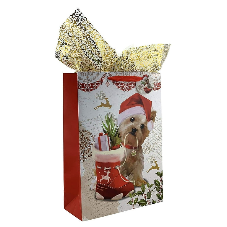 Santa Puppy Christmas Gift Bags - Set of 12, Cute Dogs, Four
