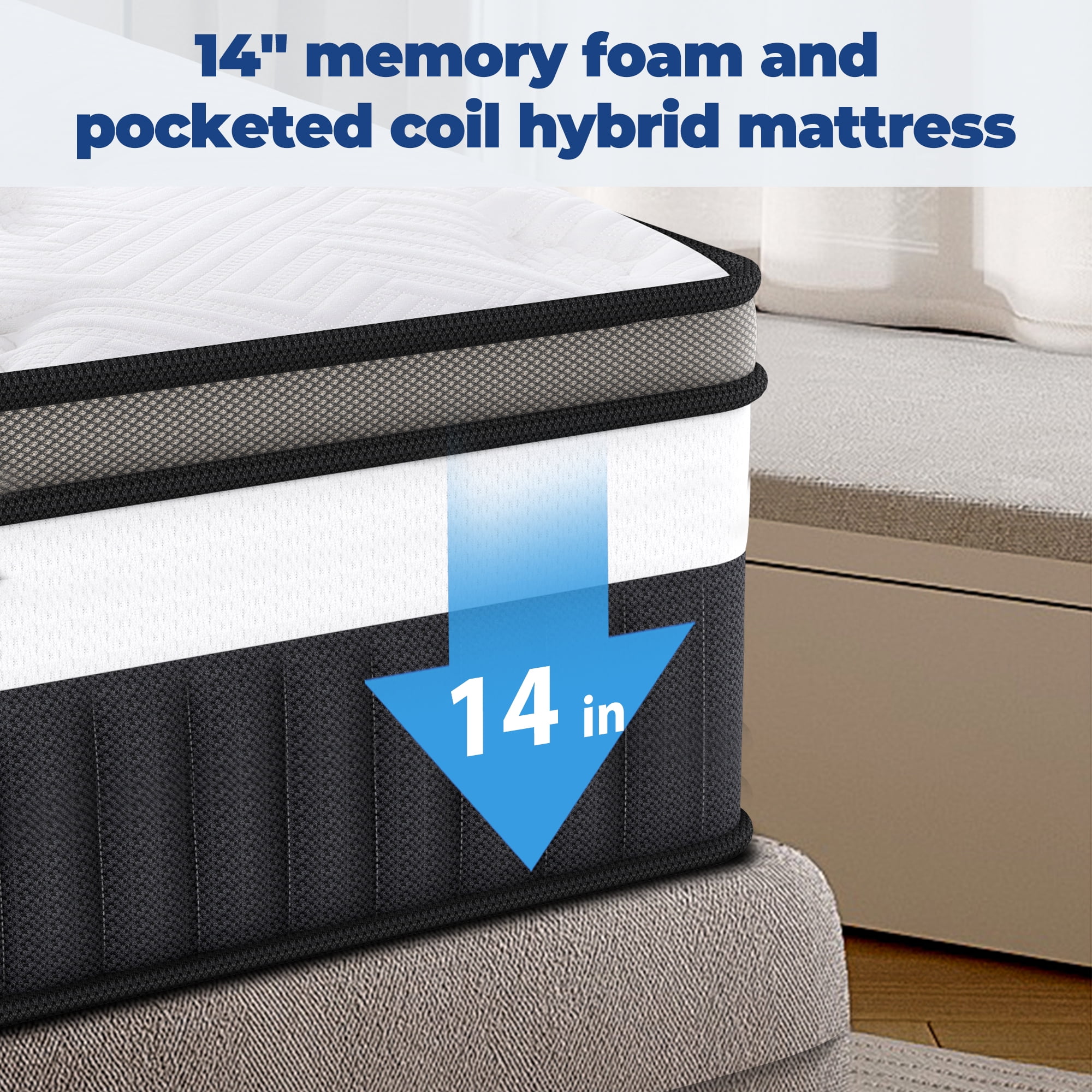 Queen Size Mattress, 14 Inch Memory Foam Hybrid Mattress in a Box, Breathable Bed Mattress for Cooler Sleep Supportive & Pressure Relief, Medium Firm Feel