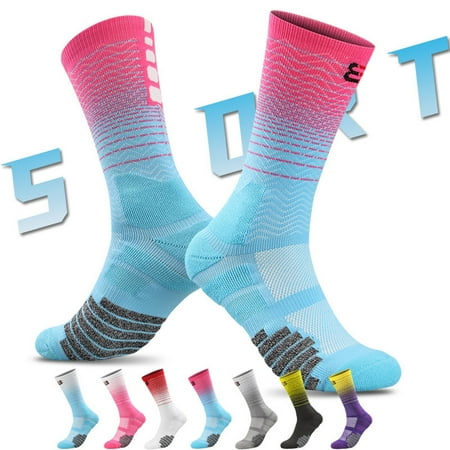 

rygai 1 Pair Gradient Color Striped Patchwork Mid-Tube Sports Socks Women Men Anti-slip Towel Bottoms Professional Basketball Socks Pink White