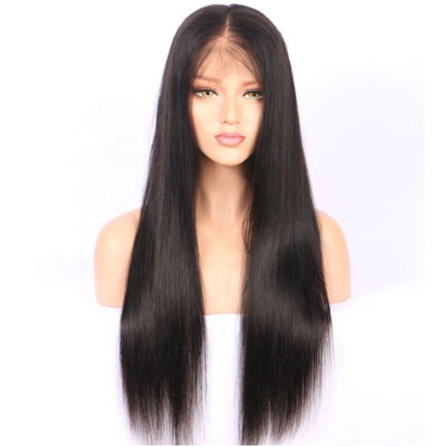 Peluca europea y americana, fibra química femenina, frontal de encaje, media división, pelo largo y recto, peluca de pelo negro.