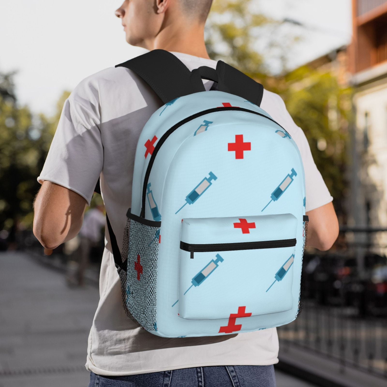 Fuzoiu Syringe And Red Cross Print School Backpack for Teens,Large Bookbag,Lightweight Laptop Bag for Travel, Work, School & Outdoor Adventures