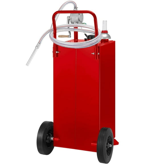 30-Gallon Portable Gas Caddy with Manual Pump, 2-Wheel Fuel Storage Tank for Gasoline/Diesel, Ideal for Cars, Lawn Mowers, ATVs, Boats (Red)