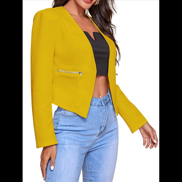 Blazer Corto para Mujer, Chaqueta Informal/de Trabajo de Larga con Abertura Frontal y Bolsillos Amarillo XL