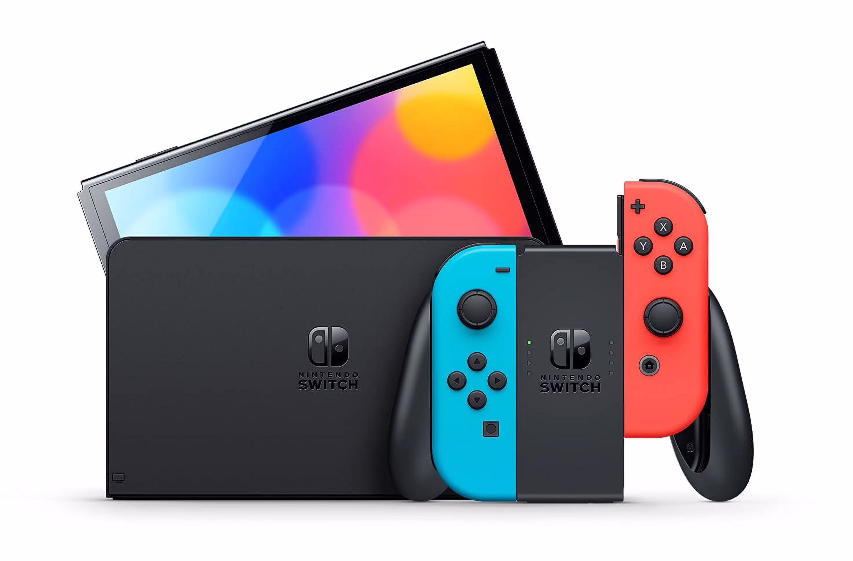 Nintendo Switch OLED with Neon Blue and Neon Red Joy-Cons (International Edition) Bundle with The Legend of Zelda: Breath of the Wild