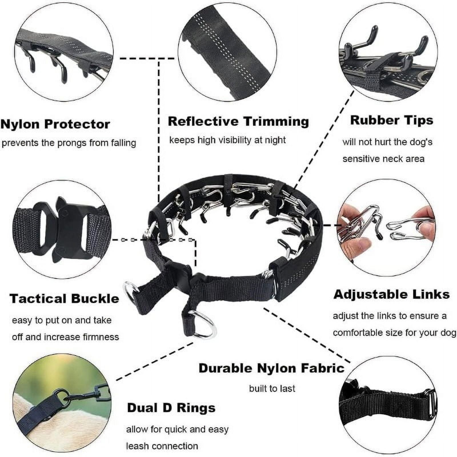 No Pull Dog Collar, Prong Collar for Small Medium Large Dogs, Pinch Collar for Dogs with Quick Release Buckle, Prong Collar Cover, Extra Links, Safety Clip, Rubber Tips