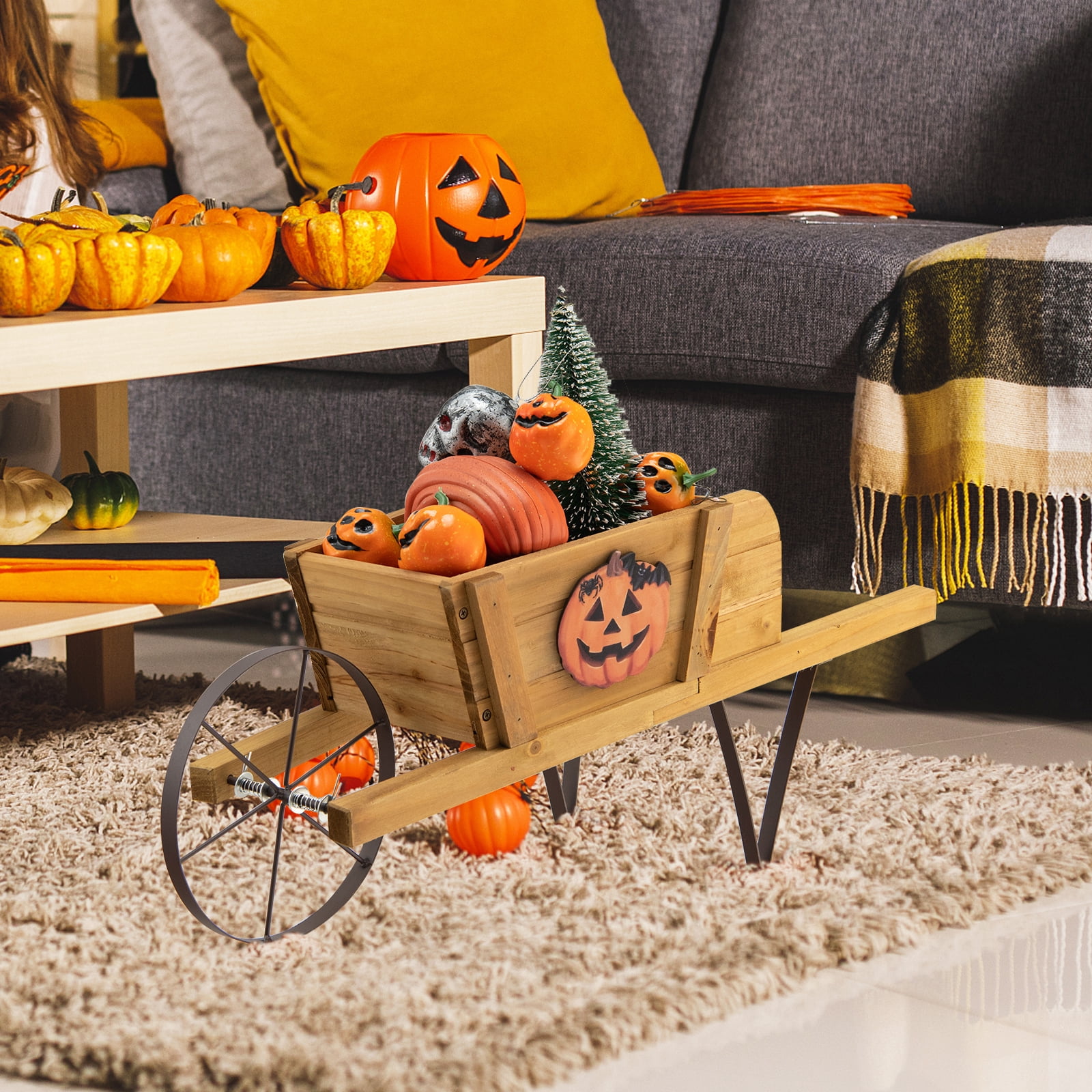 Topbuy Flower Pot Wheelbarrow Planter Solid Pine Wood Wagon Planter w/ Triangular Metal Support 2 Energy-saving Handles Movable Whee Walnut