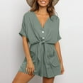thumbnail image 2 of AOOCHASLIY Summer Clothes Womens Dresses Women's Solid Color Short Sleeve V-Neck Loose Single-Breasted One-Piece Shorts, 2 of 6