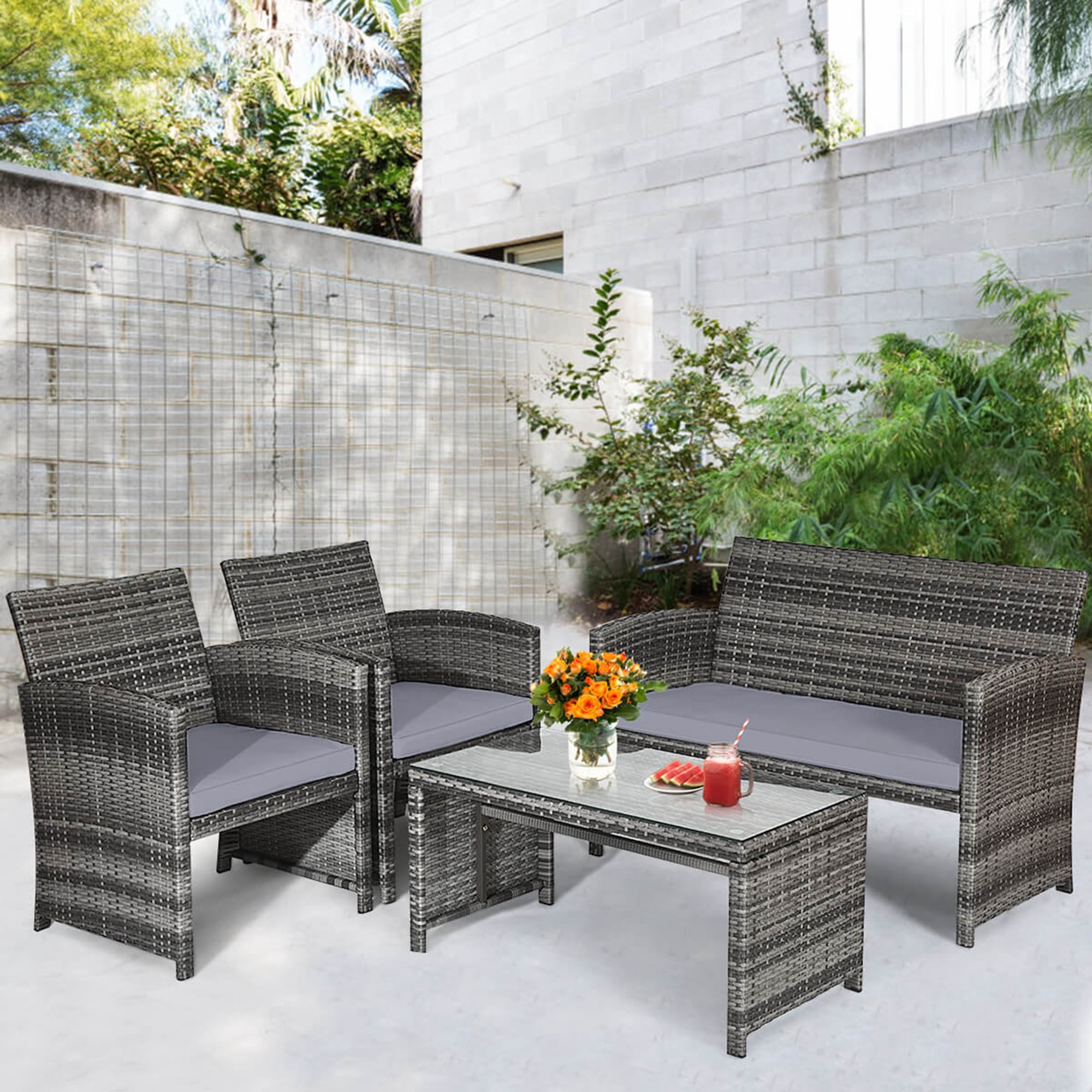 Costway 4 Steel Functional Outdoor Conversation Sets with Loveseat and Chairs, Gray
