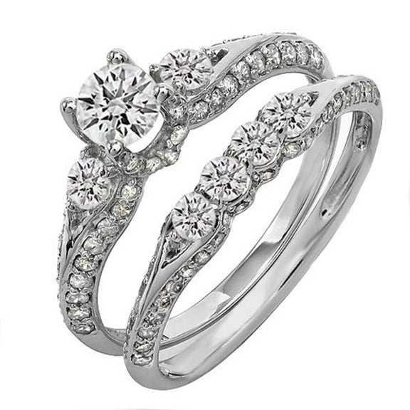 Dazzlingrock Collection 1.45 Carat (ctw) 18K Round Diamond 3 Stone Bridal Engagement Ring Set 1 1/2 CT, White Gold, Size 9.5