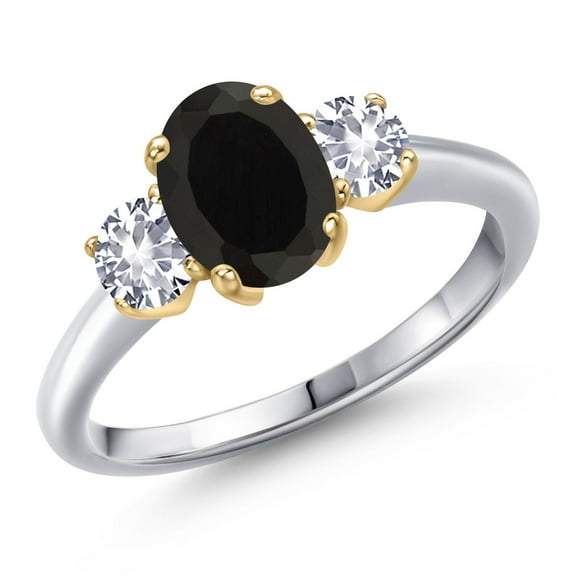 Gem Stone King 10K Two Tone Gold Black Onyx and White Created Sapphire Engagement Ring for Women | 2.10 Cttw | Oval 8X6MM | Gemstone December Birthstone | Size 8