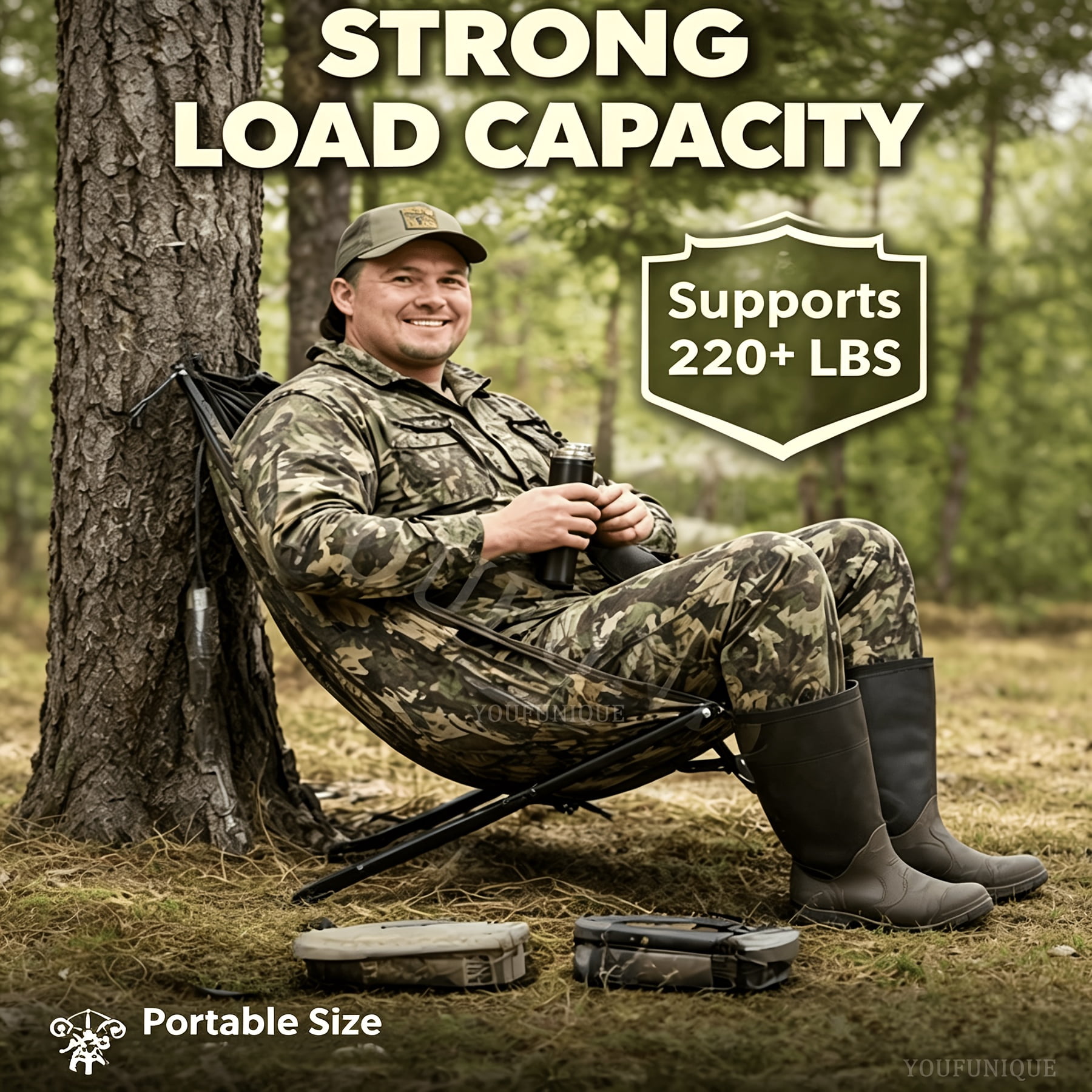 Portable hunting cushion, low and foldable hunting chair with adjustable straps and lumbar support, stable and compact concealed stool, suitable for outdoor hunting, camping, and fishing