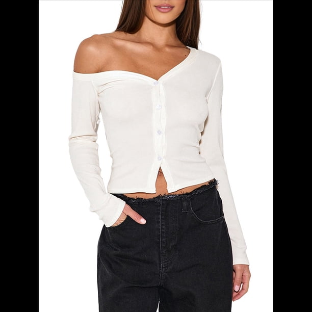 Cárdigan Corto de Larga con Hombros Descubiertos y Abertura Frontal para Mujer, Camisa con Botones, Tops de Otoño Crema L