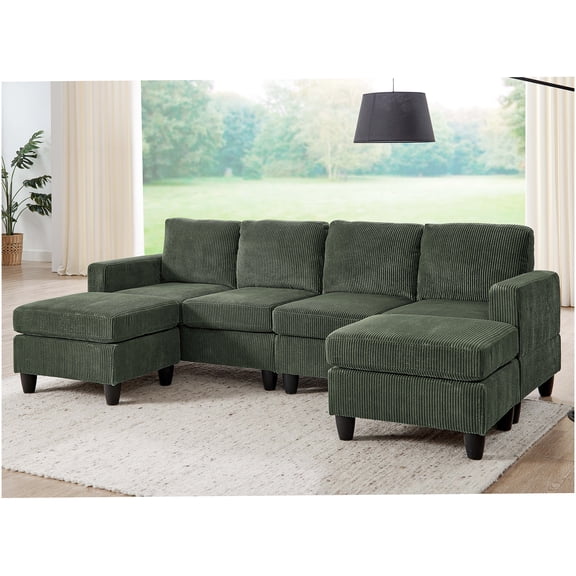 Modular Corduroy Sofa Set with Ottoman in Green, 4-Seater Sectional Couch for Modern Living Rooms