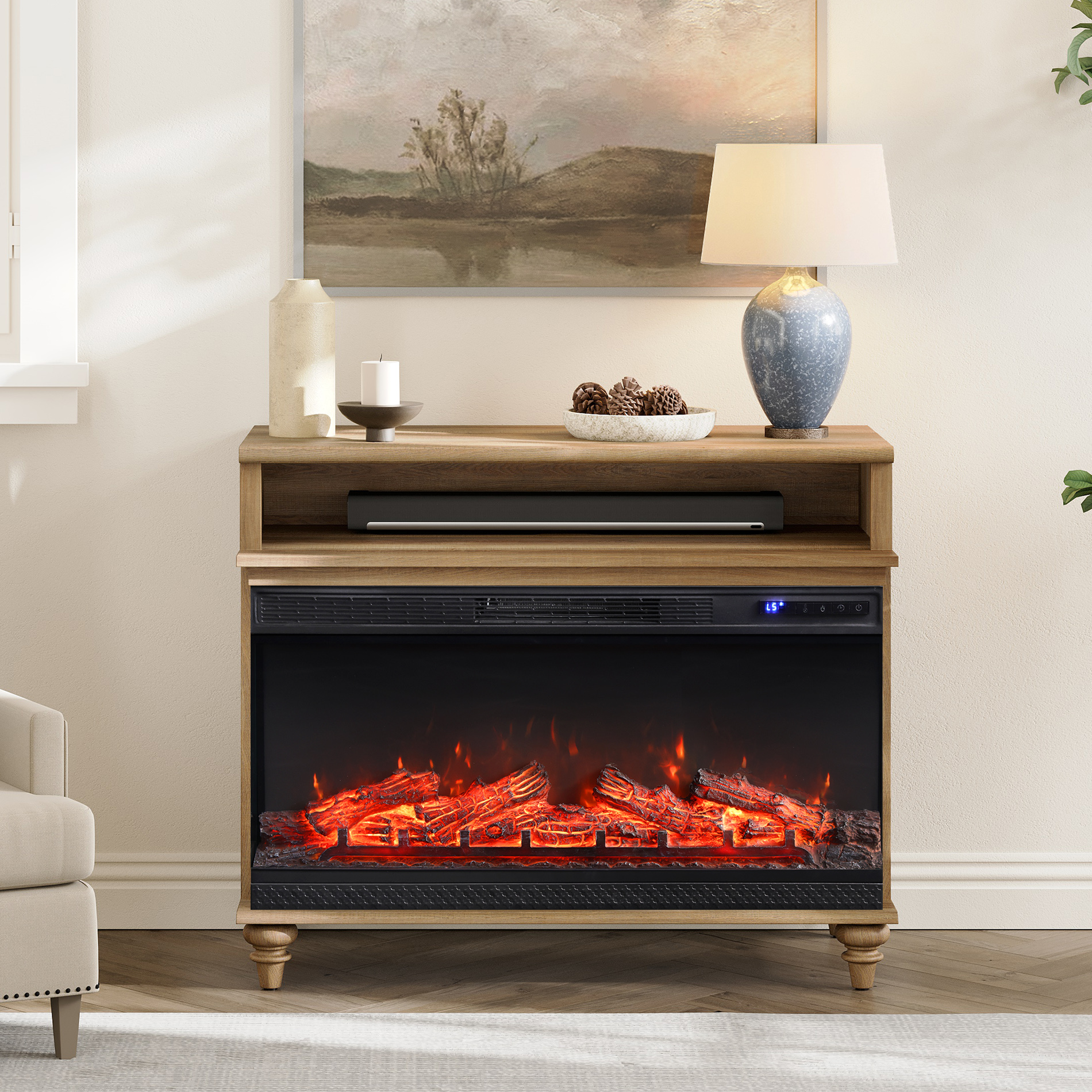 36" Electric Fireplace, Oak Wooden Side Table Fireplace End Table for Living Room, 3D Freestanding Fireplace Stove Heater