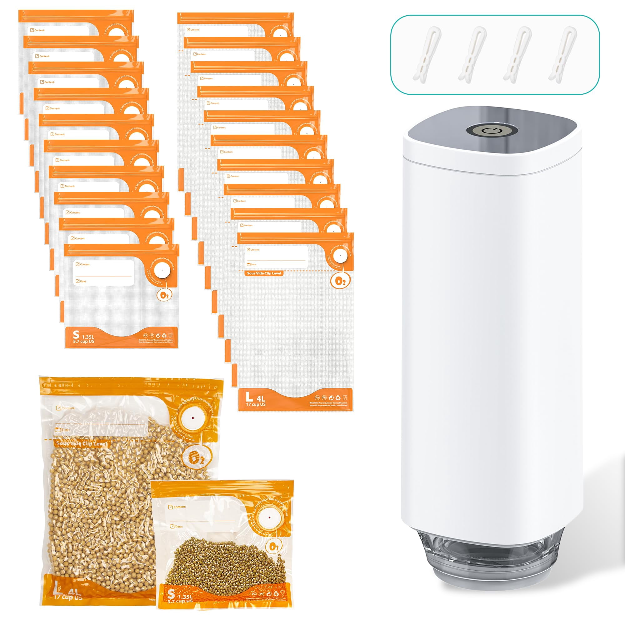 27pcs Vacuum Sealer Kit, Reusable Sous Vide Bags(1pc Electric Pump + 20 Bags + 6 Clips), Airtight Food Storage for Freshness, PA+PE Material, Ideal f