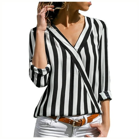 

Loose V-Neck Striped Chiffon Long Sleeve Womens Pullover Shirt