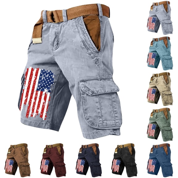 Distressed Ripped American Flag Print Cargo Shorts with Multiple Pockets and Brown Woven Belt, Durable Cotton Blend for Outdoor Work or Casual Wear Army Green L