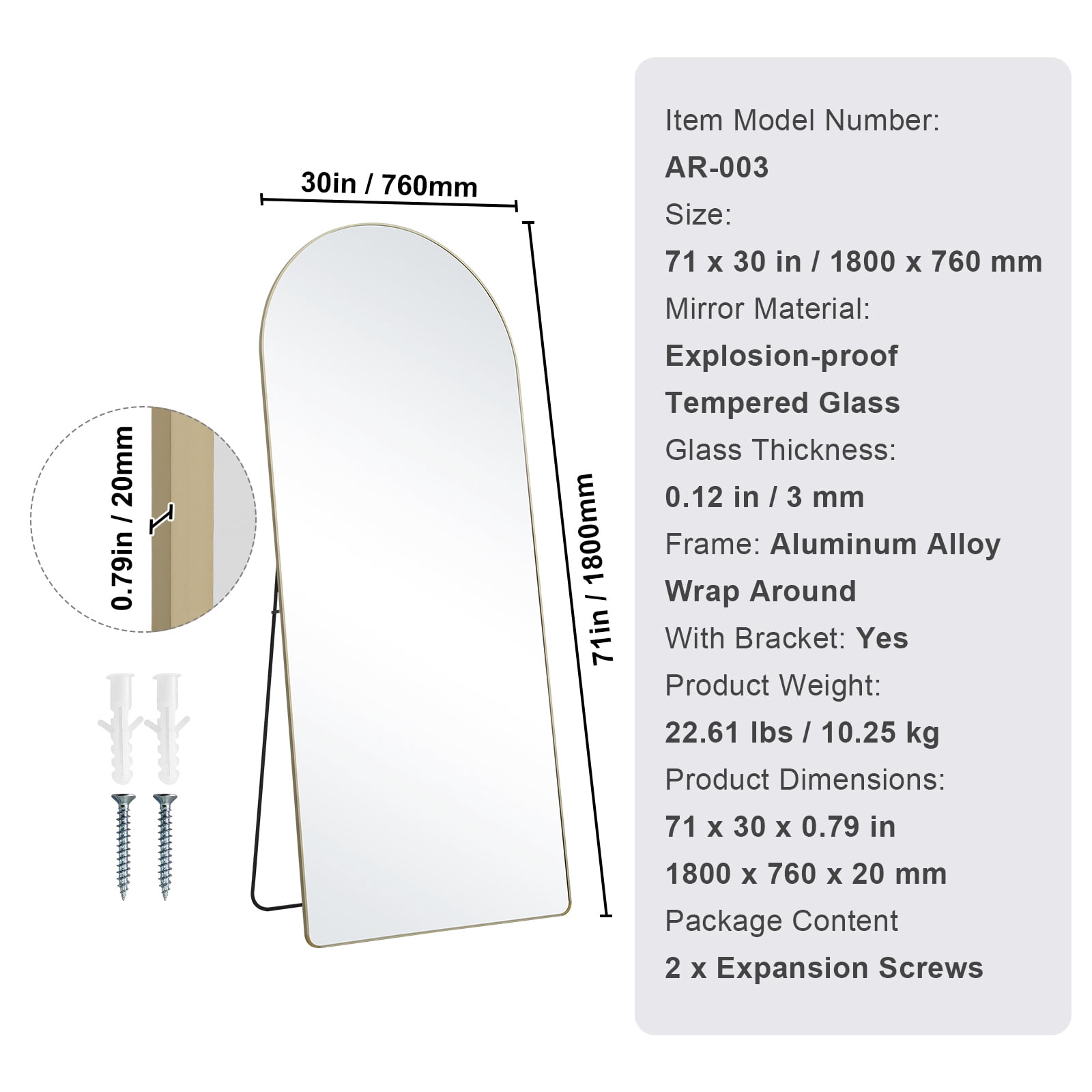 KFFKFF Arched Full Length Mirror 71'' x 30'' Full Body Mirror Standing Hanging