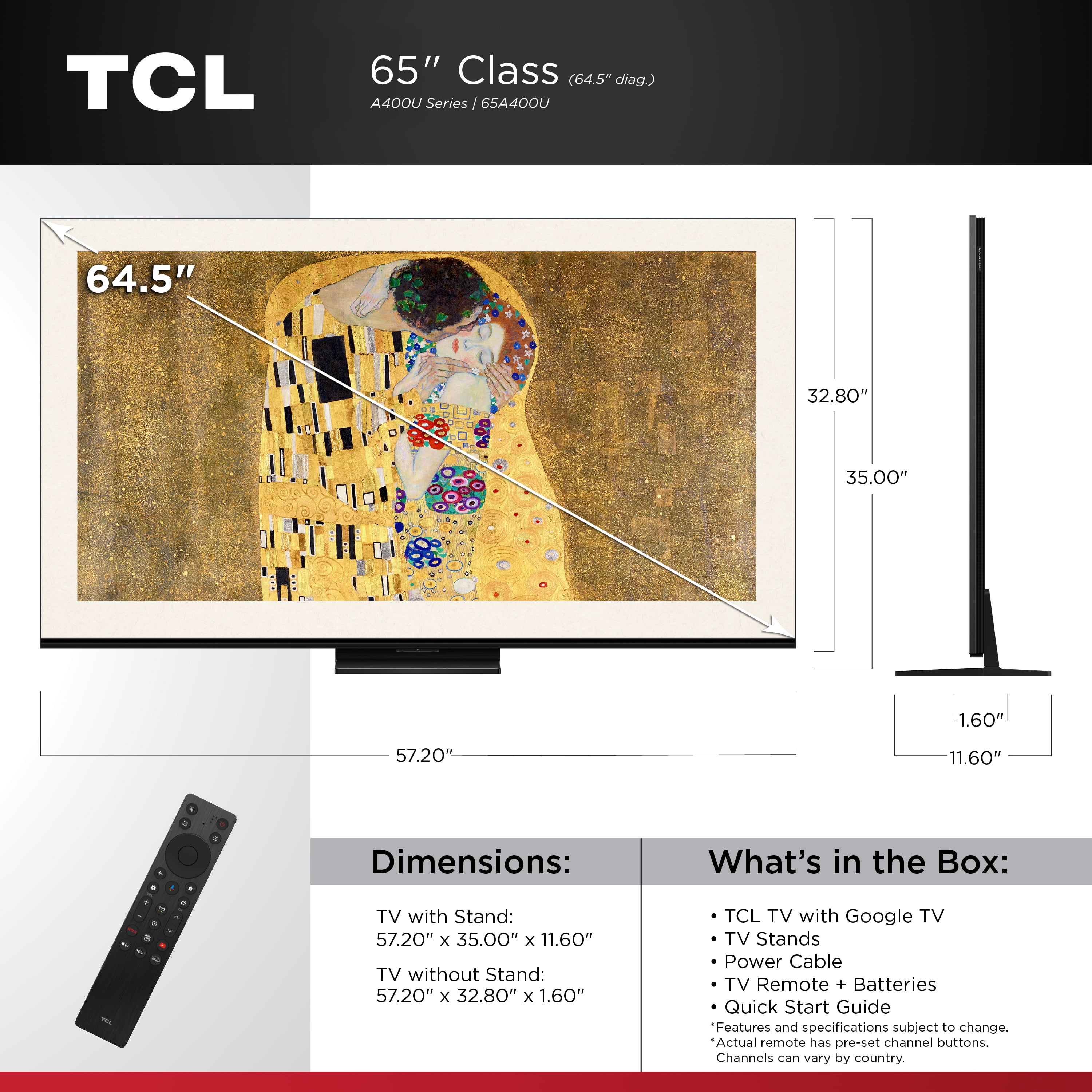 TCL 65" A400U Designer Series QD-Mini LED QLED 4K Smart Google TV (New 2026) - Art Library, Flush Wall Mount Included, Halo Control System, Local Dimming Pro, High Brightness Pro - 65A400U