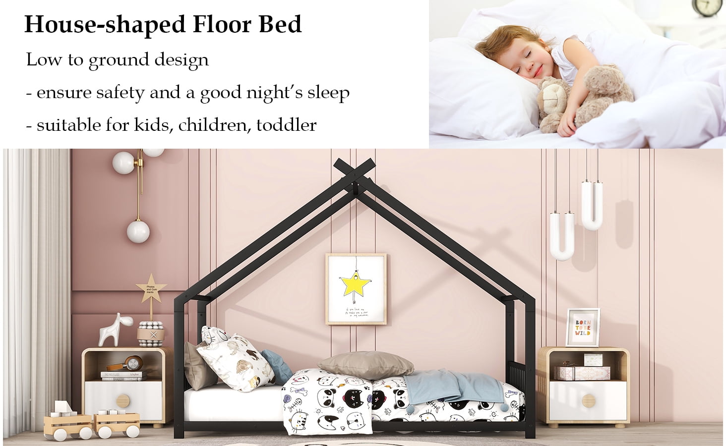 Bellemave Twin Metal House Bed with Headboard and Footboard Montessori House Bed, Metal Floor Bed Frame with Roof, No Box Spring Needed, Black