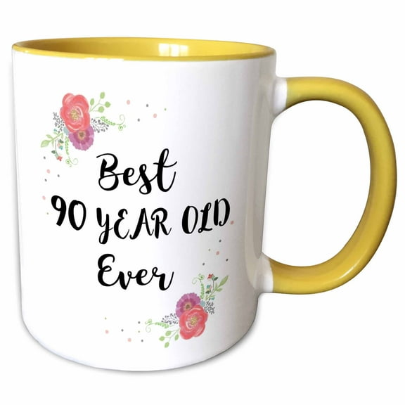 3drose, Floral Best 90 Year Old Ever Pink Flowers Cute 90th Birthday Girl Gift, 11oz Two-tone Yellow Mug