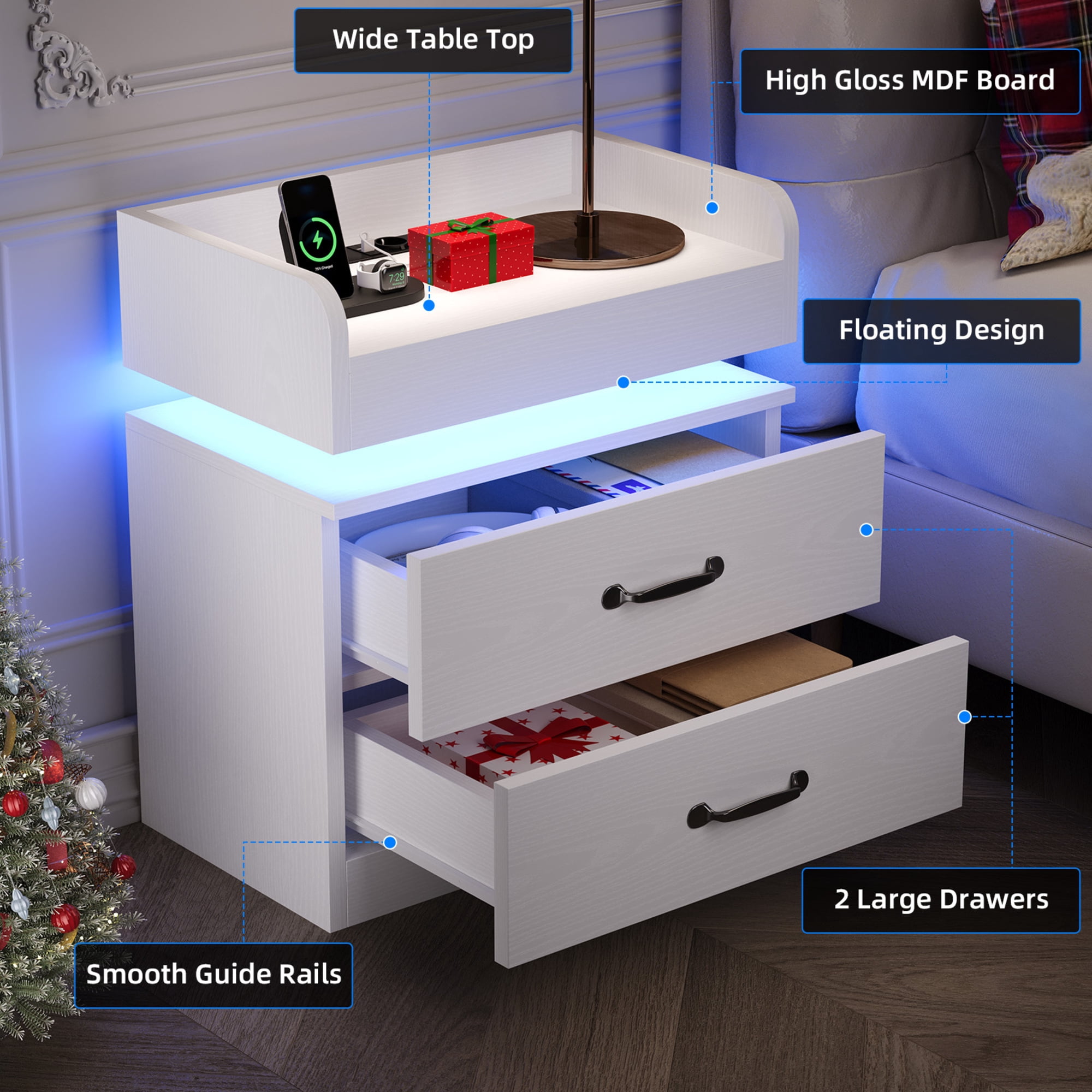 LED Nightstand, Modern White Night Stand End Tables with Charging Station & LED Lighting, 2 Drawers, Open Shelf Storage, Bedside Tables for Bedroom & Living Room