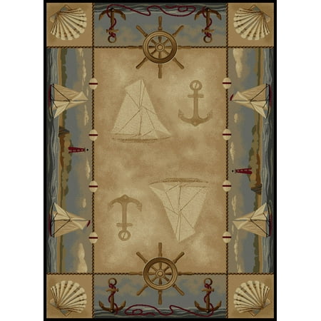 Tayse Nature Area Rugs - 6582 Transitional Casual Beige Boats Sailing Anchors Seashells Rug