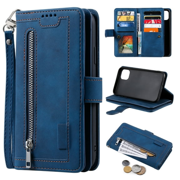Feishell for Apple iPhone 14 Pro Wallet Case with Wrist Strap,for Women Men,Luxury PU Leather Zipper Pocket Magnetic Clasp Folio Flip Holder ID Credit Card Slots Shockproof Phone Cover,Darkblue