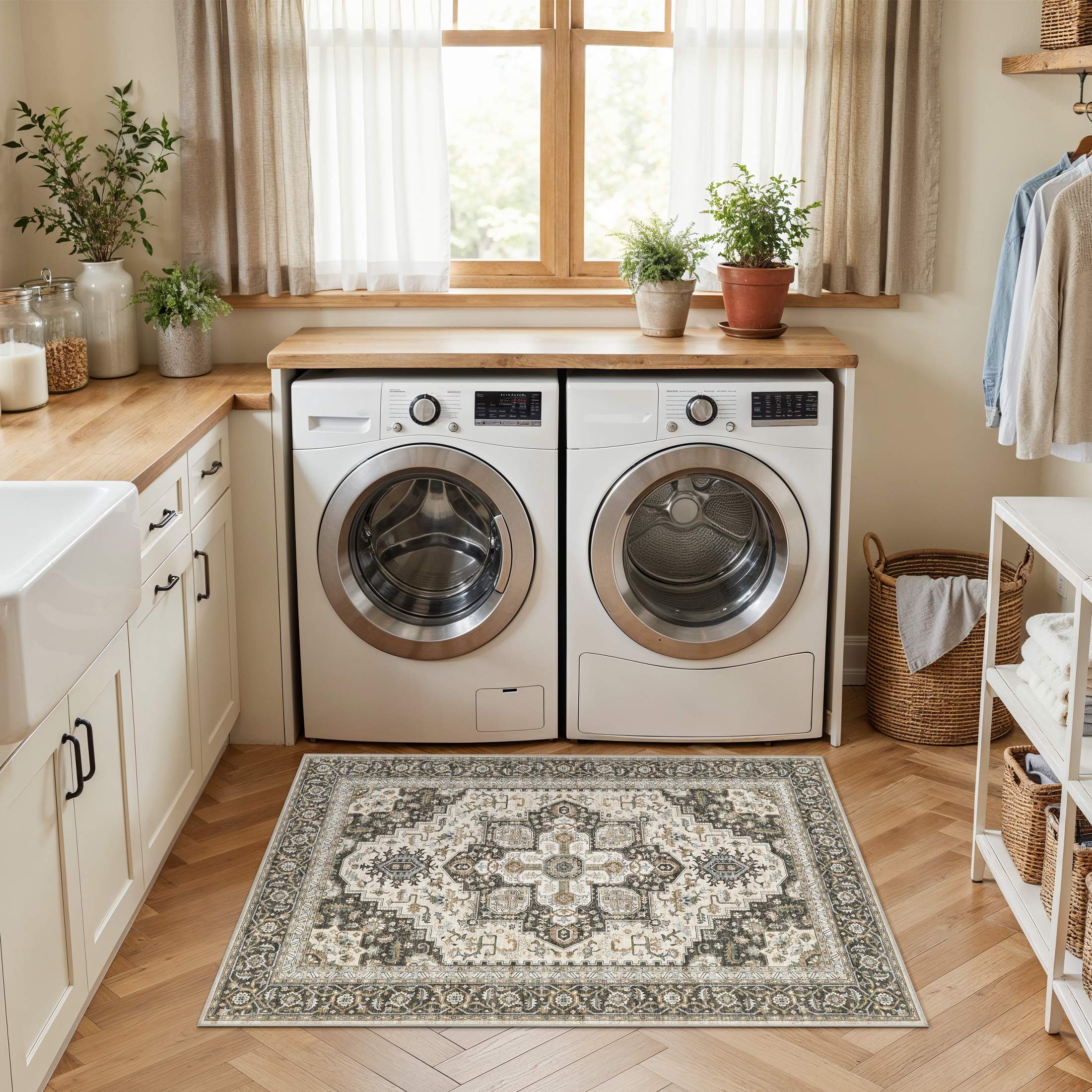 UERMEI 3'x5' Area Rugs, Non-slip Washable Vintage Throw Rugs Carpet for Entrance Entryway Bedroom Laundry Room, Low Pile Indoor Rug Floral Rug Home Decor Carpet, Brown Green