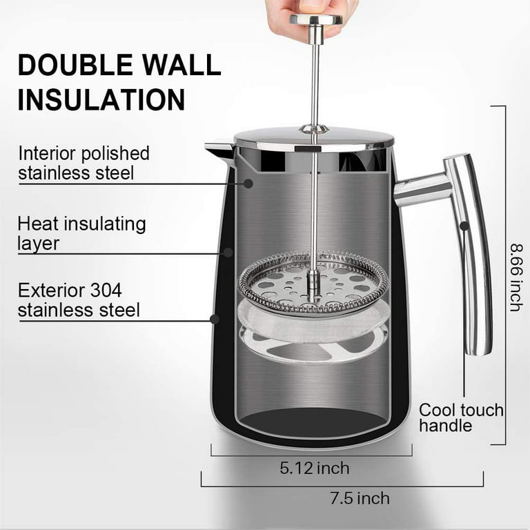 French Press Coffee Maker 34oz - Stainless Steel Double Wall Vacuum  Insulated Rust-Free With Bonus Tablespoon Scoop by Vertall - Stainless 
