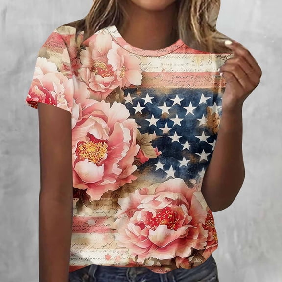 4th of July Shirts Women American Flag Short Sleeve Shirt Independence Day Tops Casual Summer T Shirt Patriotic Tees