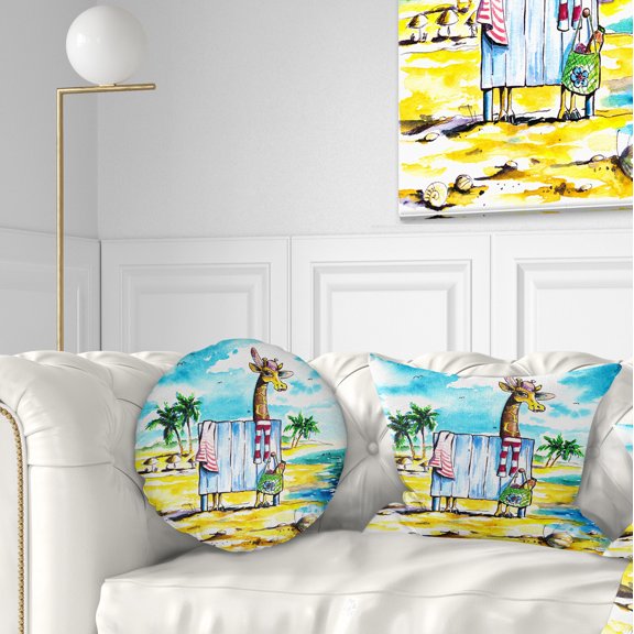 Designart Giraffe in Dressing Room on Beach - Cartoon Animal Throw Pillow - 12x20