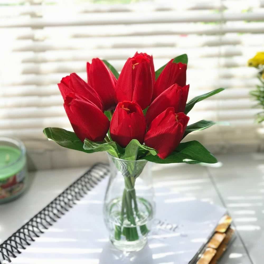 Enova Home Artificial Tulips Silk Flowers Arrangement in Clear Glass