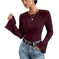thumbnail image 6 of ZUKMRJPC Womens Long Bell Sleeve Shirts Solid Color Slim Fit Knitted Textured T-Shirts Trendy Going Out Fall Winter Fashion Outfits, 6 of 8